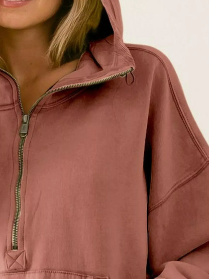 BiBi Stitch Detailed Elastic Hem Half Zip Fleece Hoodie TERRACOTTA / S