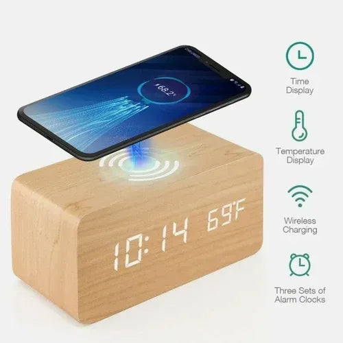 Wooden Digital Alarm Clock with Wireless Phone Charging Pad Wood / Onetify