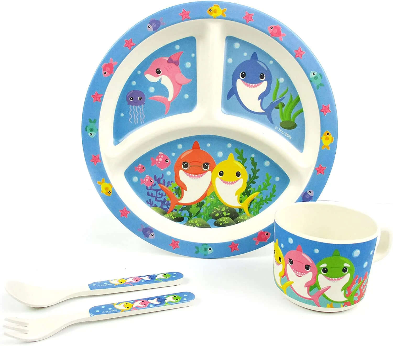 Shopminx 🦈 Shark Family 4-Piece Kids Dinnerware Set – Eco-Friendly, Biodegradable, BPA-Free Plant Fiber Tableware with Plate, Cup, Fork & Spoon – Microwave & Dishwasher Safe – Gift-Boxed for Holidays & Birthdays Default Title