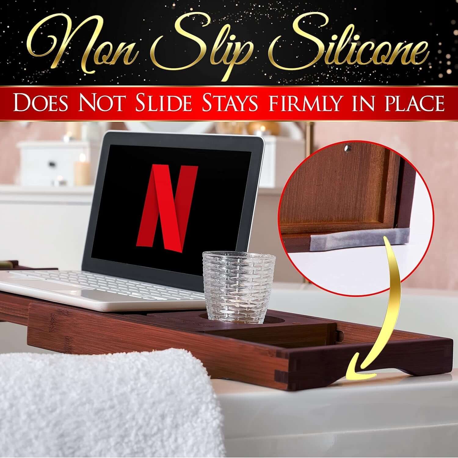 Shopminx Bamboo Bathtub Caddy Tray – Expandable Waterproof Bath Tray with Wine Glass Holder, Tablet Stand & Removable Accessory Slots – Eco-Friendly, Adjustable & Durable Default Title