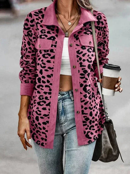 Full Size Leopard Print Button-Down Jacket Plus Size S / Rose Red
