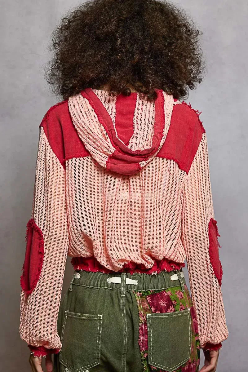 POL Texture Woven Button Down Hooded Shirt with Drawstring Hem BLUSH RED MULTI / S