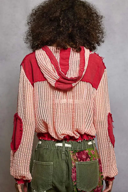 POL Texture Woven Button Down Hooded Shirt with Drawstring Hem BLUSH RED MULTI / S