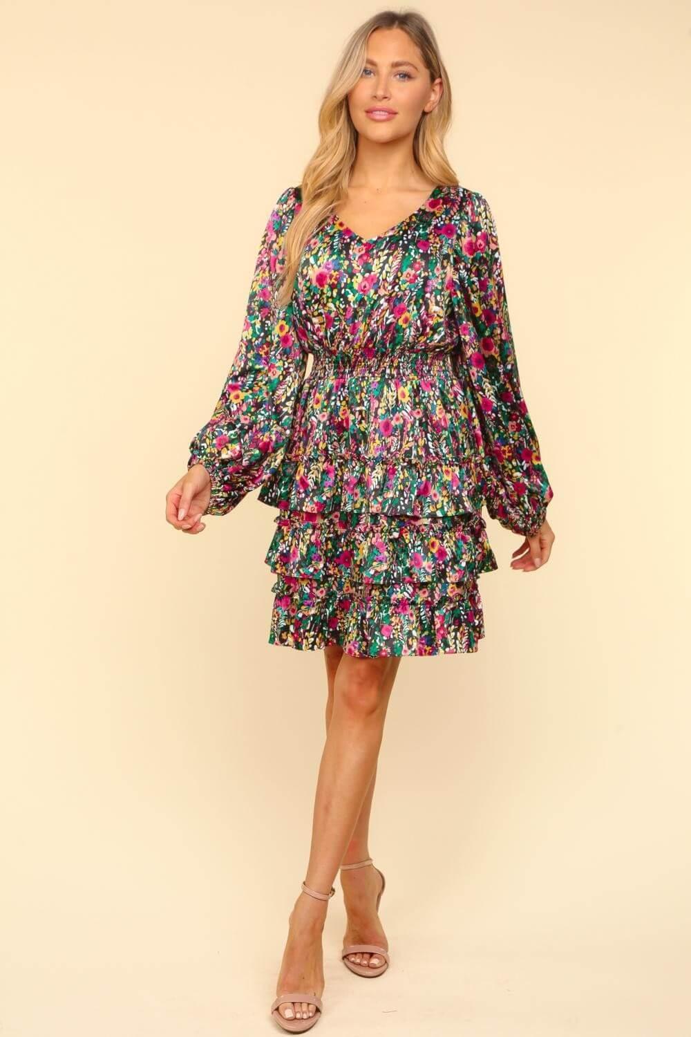 Haptics V-Neck Satin Floral Layered Dress Multi / S