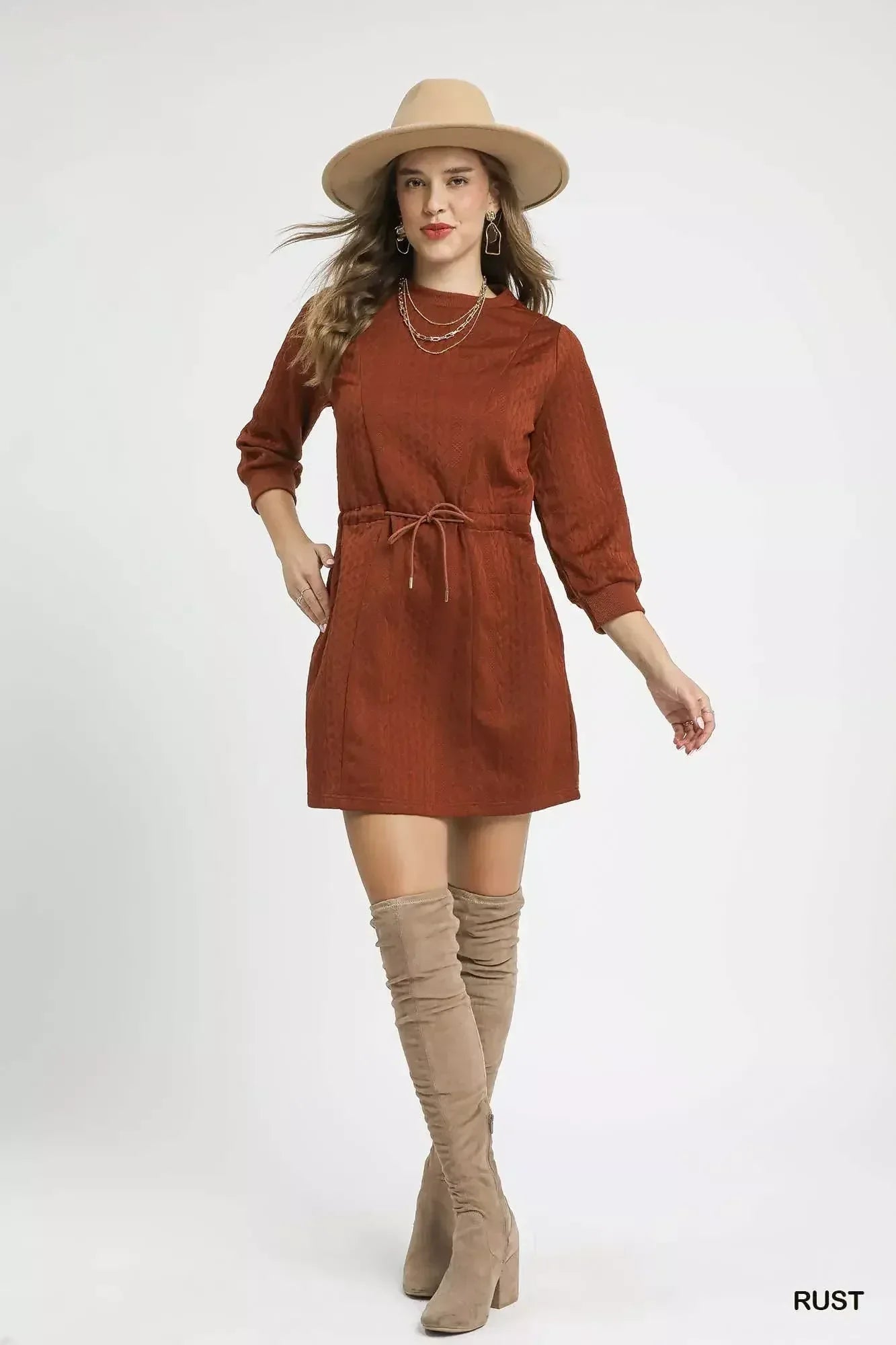 Umgee Drawstring Cable Knit Mini Dress with Pockets Rust / XS