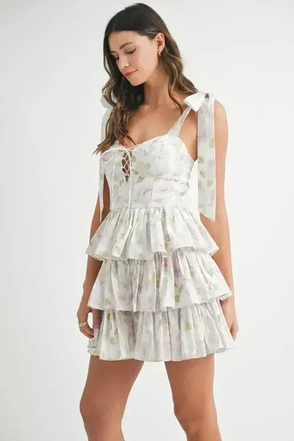 MABLE Floral Print Shoulder Tie Layered Mini Dress Off White / M