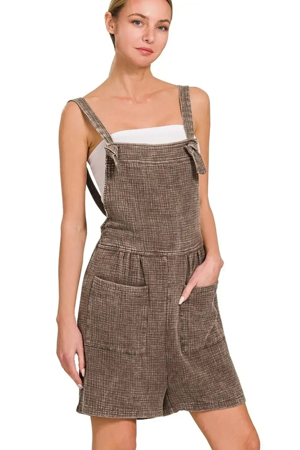 Zenana Woven Double Gauze Acid Washed Romper BROWN / S