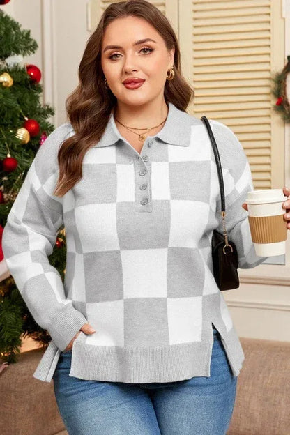 Plus Size Checker Buttoned Polo Collar Sweater 1X / Gray