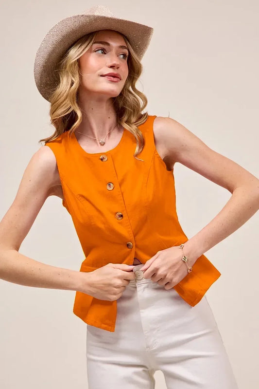SO ME Slim Fit Button Front Game Day Color Denim Vest Top ORANGE / S