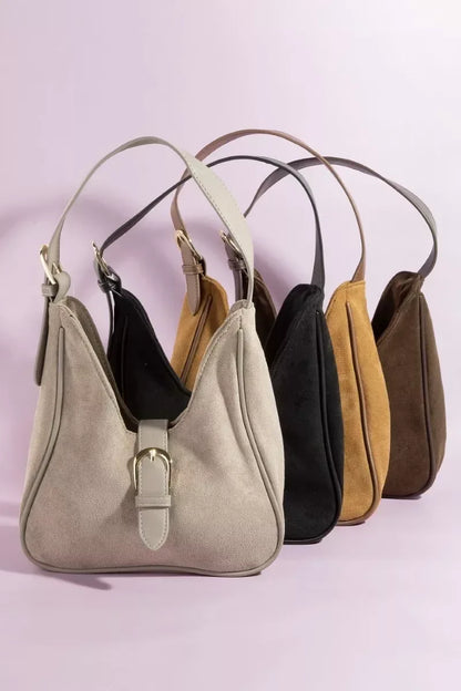 Fame Buckle Accent Faux Suede Hand Bag KA / one size