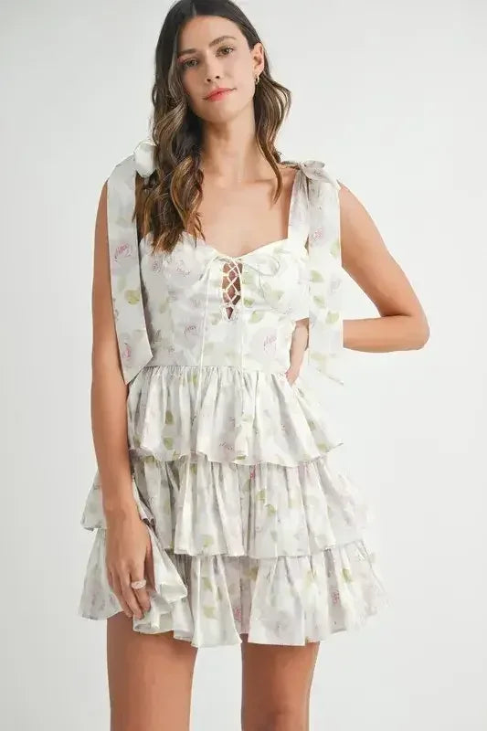 MABLE Floral Print Shoulder Tie Layered Mini Dress Off White / M