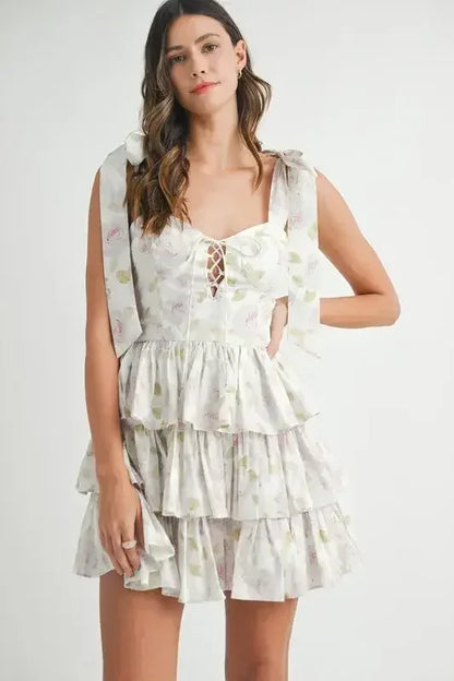 MABLE Floral Print Shoulder Tie Layered Mini Dress Off White / M