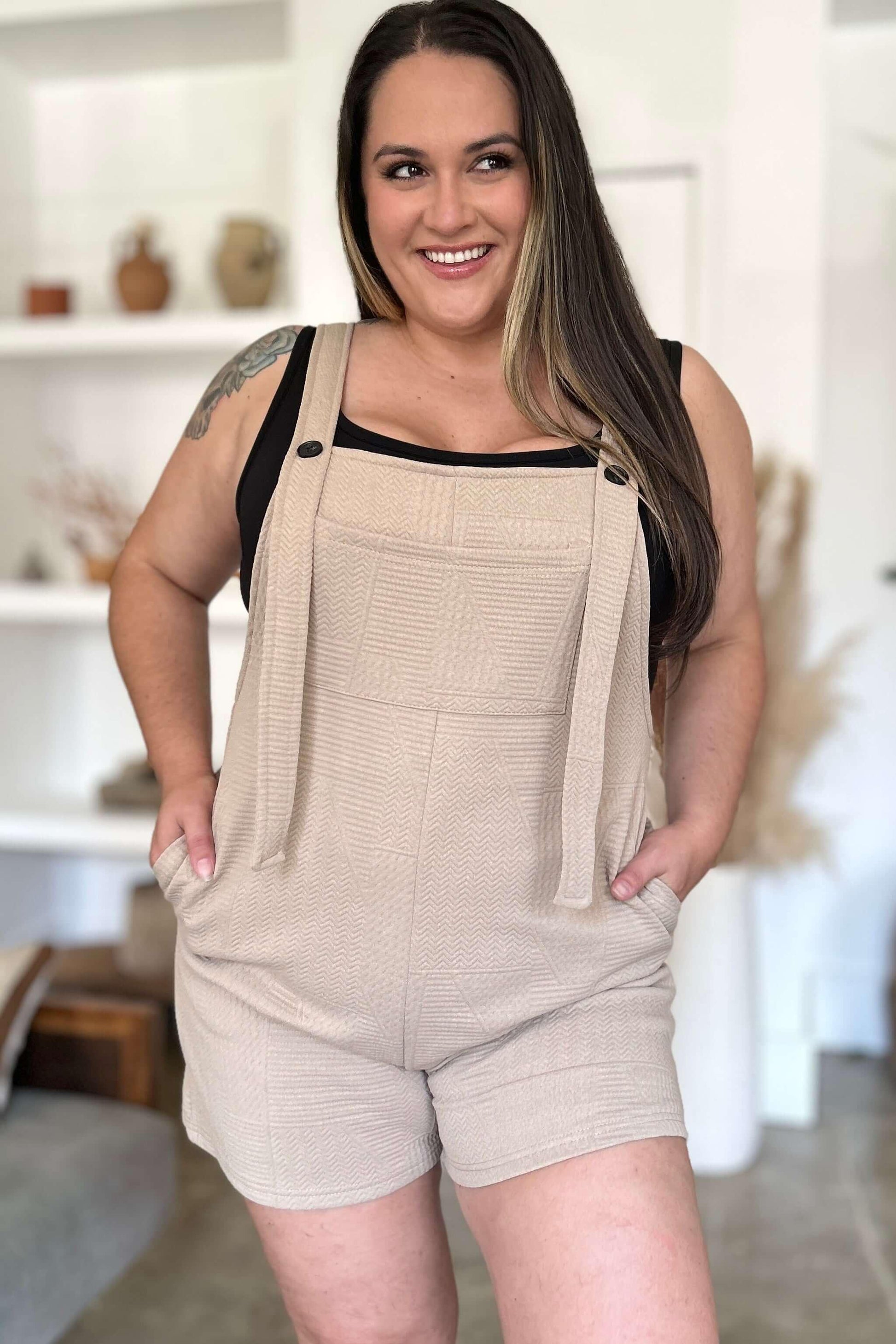 Double Take Full Size Texture Sleeveless Romper Khaki / S