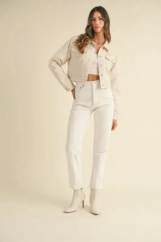 MABLE Embroidered Quilted Cropped Jacket Taupe / S