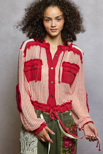 POL Texture Woven Button Down Hooded Shirt with Drawstring Hem BLUSH RED MULTI / S