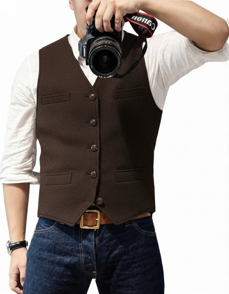 Suit Vest V Neck Herringbone Tweed Slim Fit