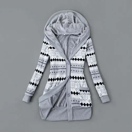 Autumn And Winter Jacket Printed Hooded Wool Liner Knit Midi Length S / Gray