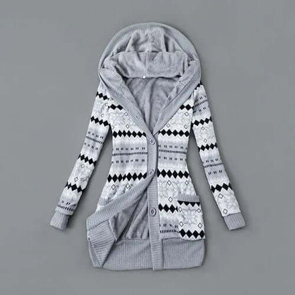 Autumn And Winter Jacket Printed Hooded Wool Liner Knit Midi Length S / Gray