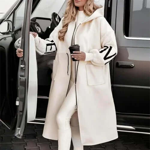 Women's Long Sleeve Letter Print Hooded Coat With Pockets - Zip Front S / Beige