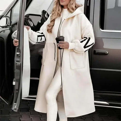 Women's Long Sleeve Letter Print Hooded Coat With Pockets - Zip Front S / Beige