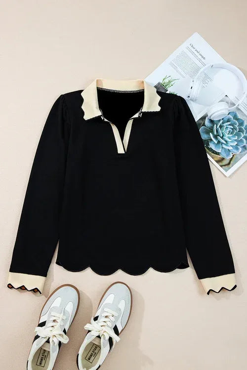 Colorblock Scallop Trim Long Sleeve Collared Top S / Black