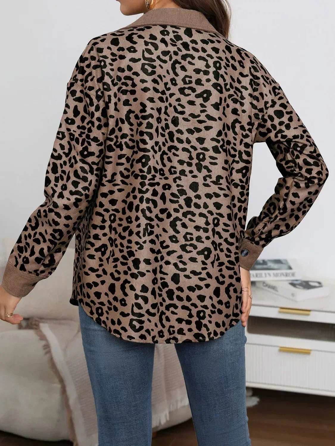 Full Size Leopard Print Button-Down Jacket Plus Size 3XL / Brown