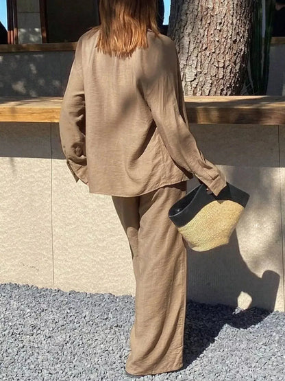 Full Size Relaxed Fit Button Up Shirt and Pants Two-Piece Set Plus S / Khaki