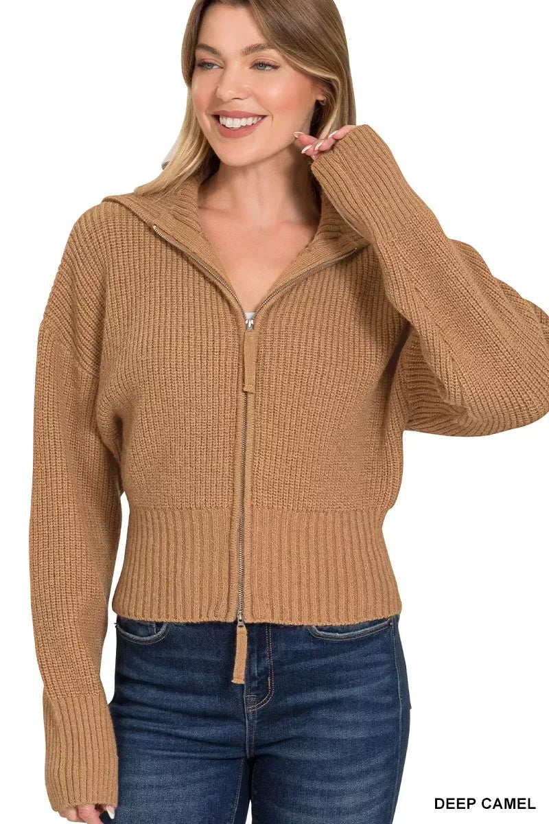 Zenana Ribbed Collared Zip Up Sweater Cardigan DEEP CAMEL / S