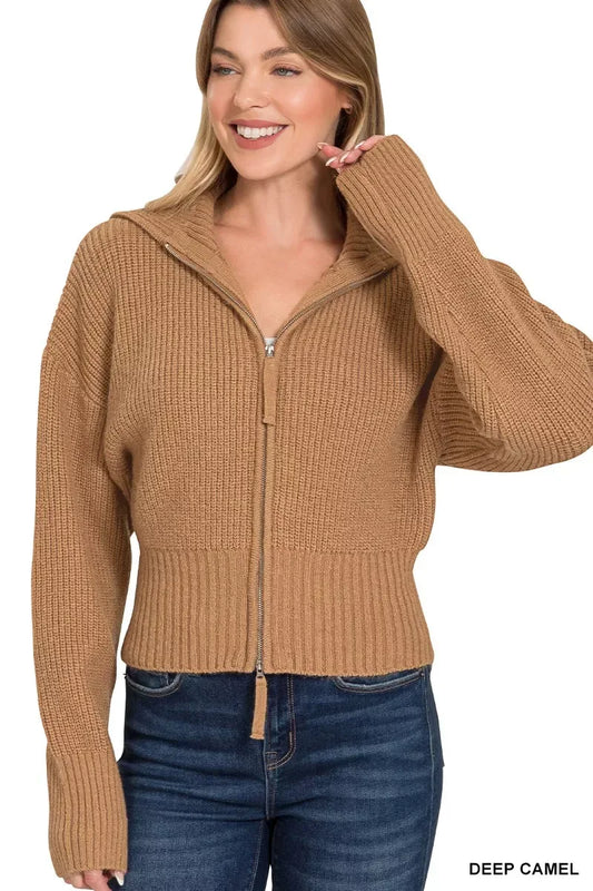 Zenana Ribbed Collared Zip Up Sweater Cardigan DEEP CAMEL / S
