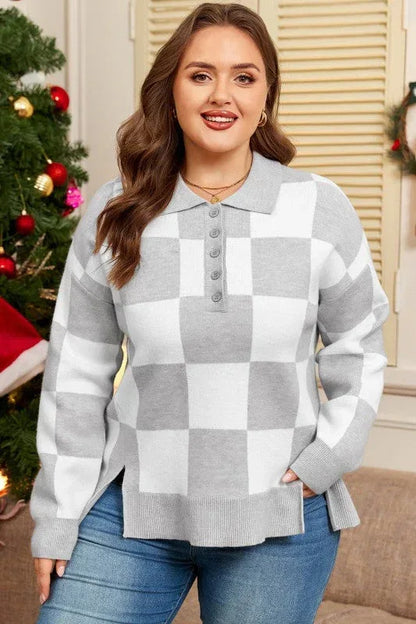 Plus Size Checker Buttoned Polo Collar Sweater 1X / Gray