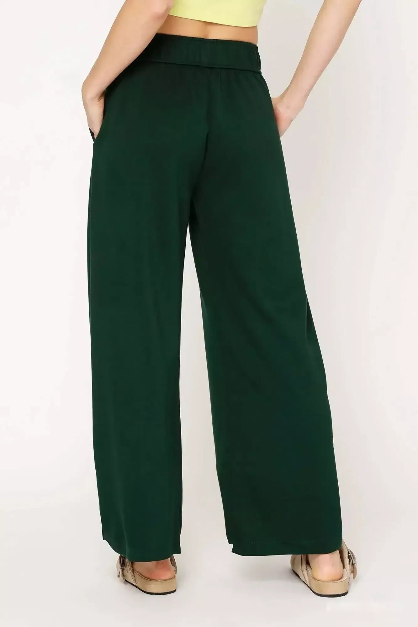 Umgee Elastic Drawstring Waistband Wide Leg Pants EVERGREEN / S