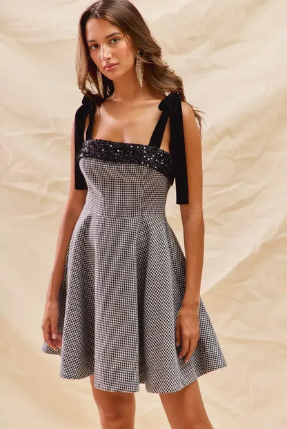 SO ME Houndstooth Fit Flare Mini Dress with Shoulder Tie BLACK / S