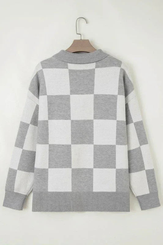 Plus Size Checker Buttoned Polo Collar Sweater 1X / Gray
