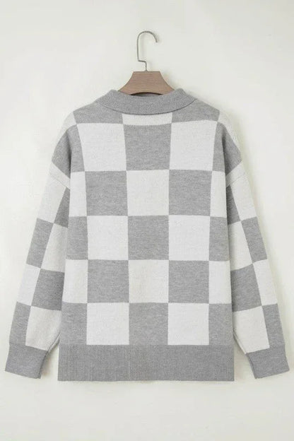 Plus Size Checker Buttoned Polo Collar Sweater 1X / Gray