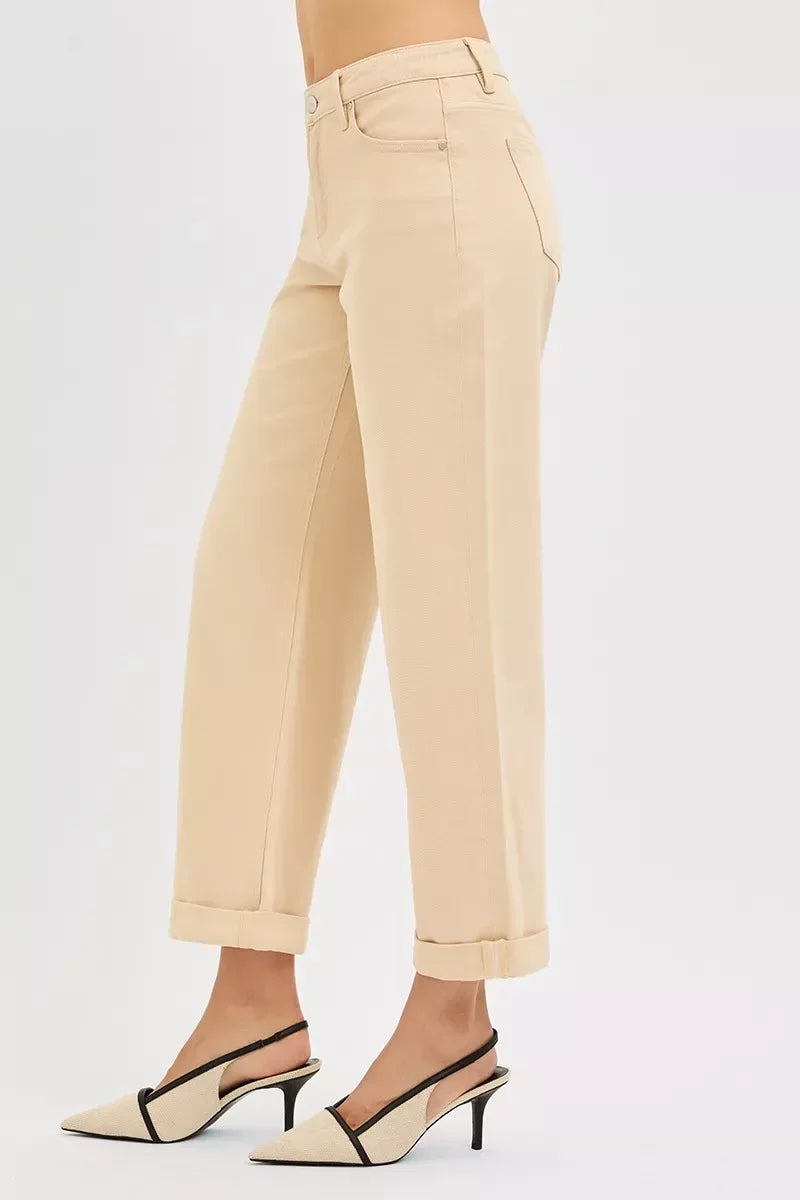 RISEN Tummy Control Mid Rise Ankle Barrel Relaxed Baggy BUTTER MILK / 0