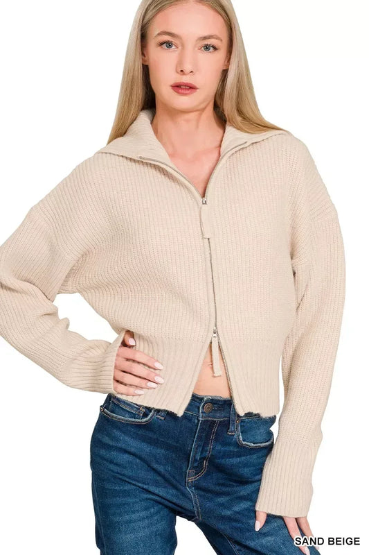 Zenana Ribbed Collared Zip Up Sweater Cardigan SAND BEIGE / S