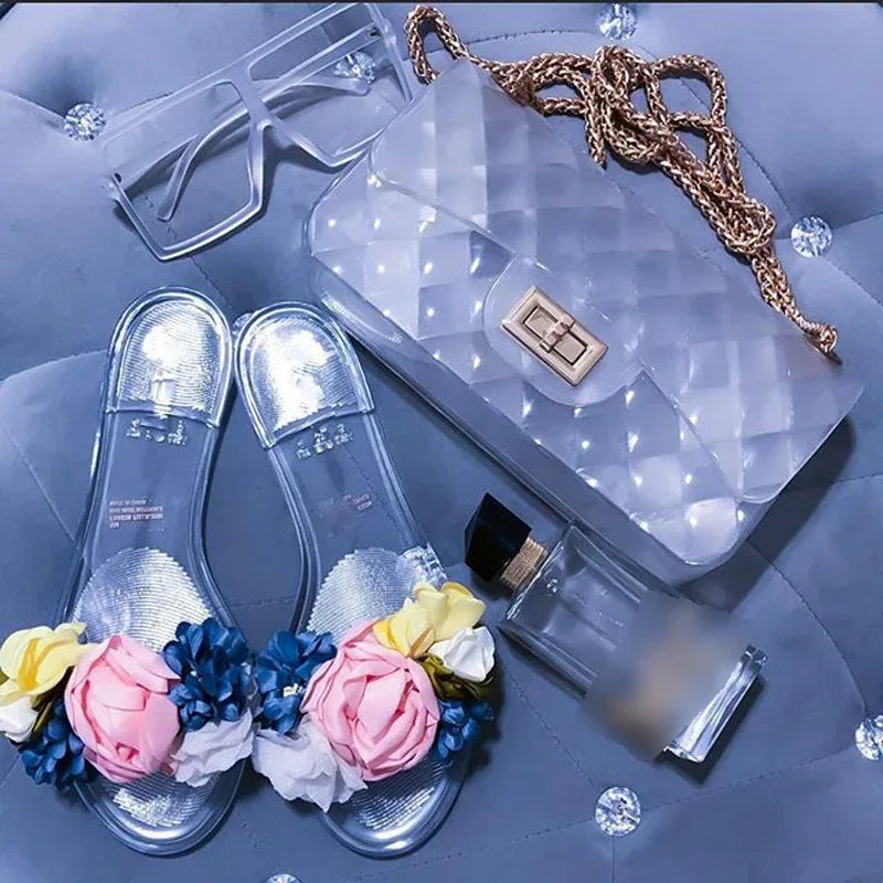 2021 Summer Beach Slippers Transparent Flowers Women‘s Slippers Pink / 6