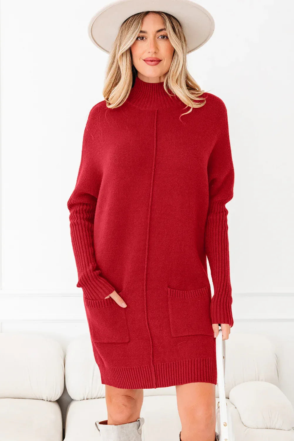 Solid Ribbed Mock Neck Sweater Dress S / Fiery Red