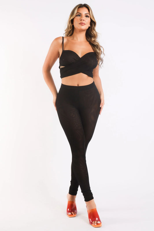 Mesh Contrast Sets Casual Sports Strappy Sleeve Top & Leggings BLACK SMALL / BLACK