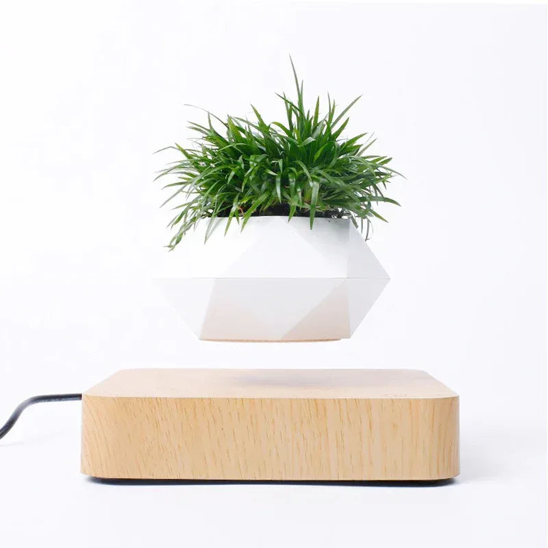 Novelty Levitating Rotation Flowerpot Magnetic Levitation FlowerPot Dark Grain Wood Base