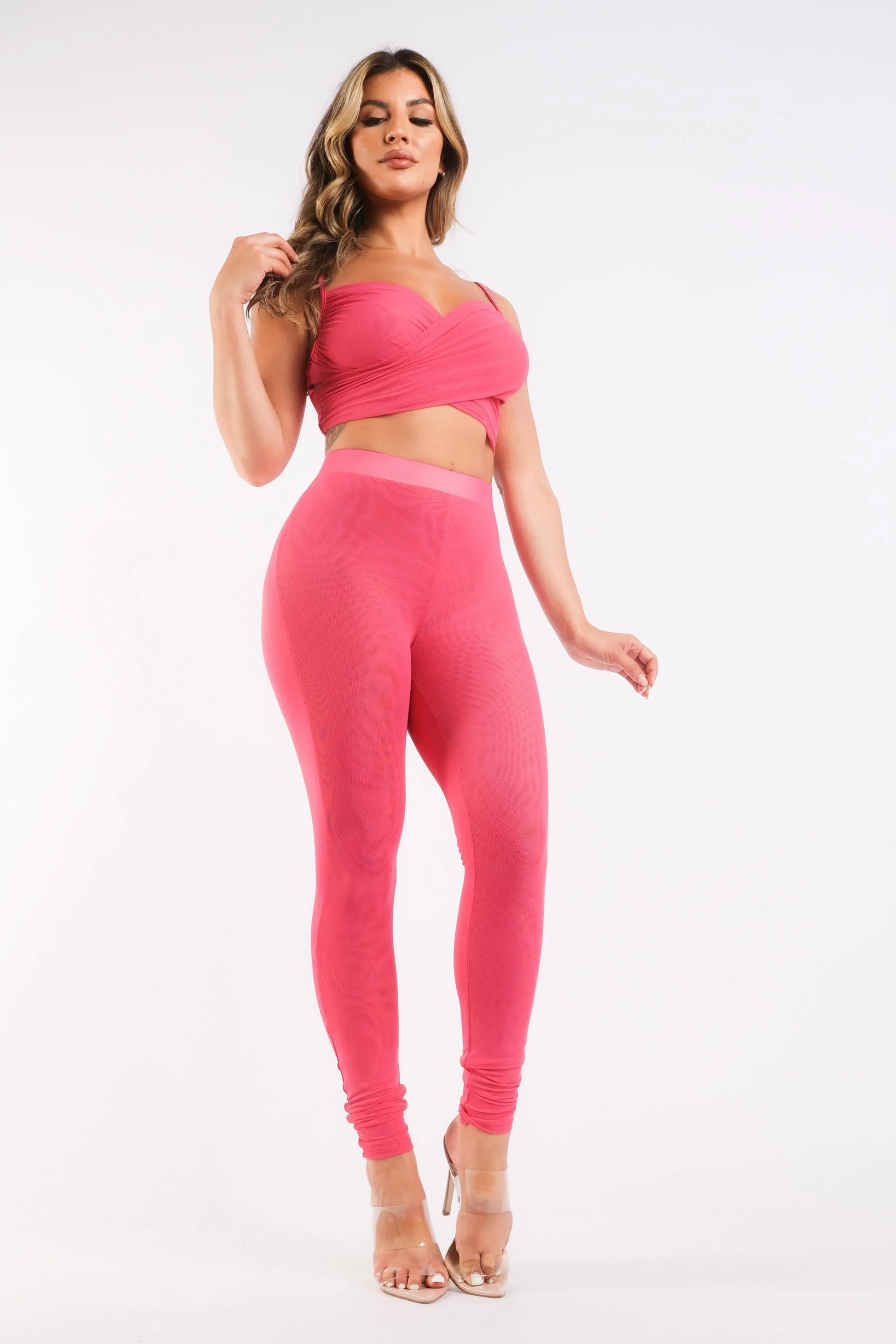 Mesh Contrast Sets Casual Sports Strappy Sleeve Top & Leggings FUCHSIA SMALL / FUCHSIA