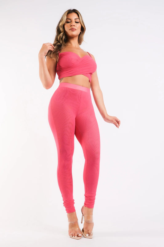 Mesh Contrast Sets Casual Sports Strappy Sleeve Top & Leggings FUCHSIA SMALL / FUCHSIA