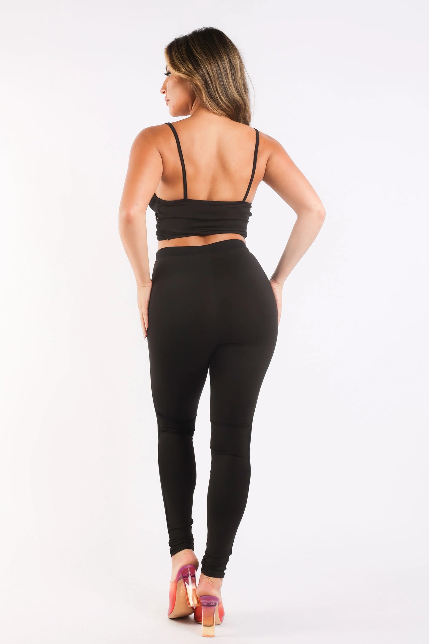Mesh Contrast Sets Casual Sports Strappy Sleeve Top & Leggings BLACK SMALL / BLACK