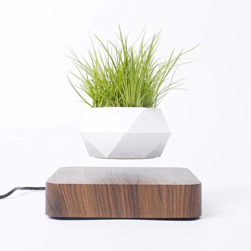 Novelty Levitating Rotation Flowerpot Magnetic Levitation FlowerPot Dark Grain Wood Base