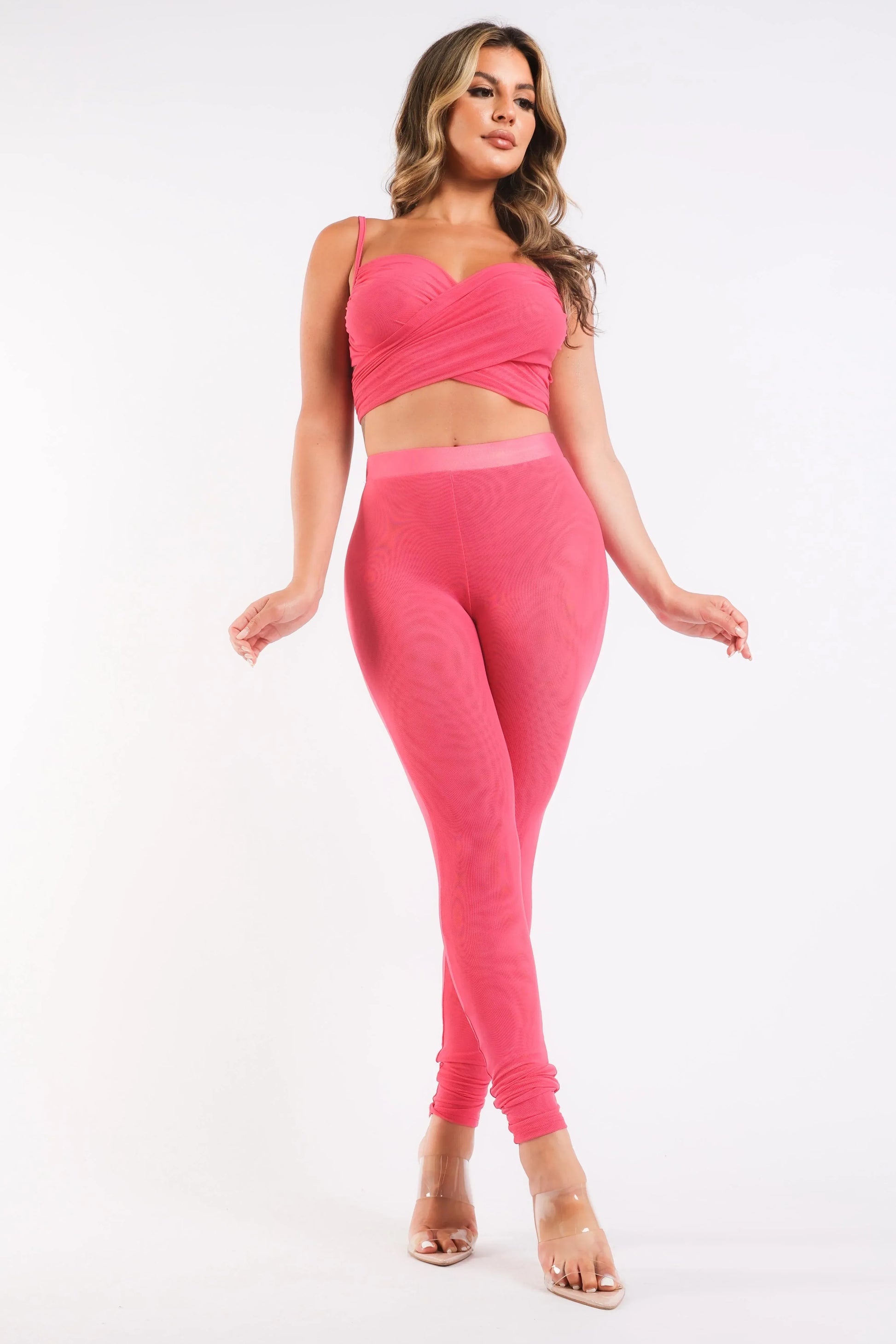 Mesh Contrast Sets Casual Sports Strappy Sleeve Top & Leggings FUCHSIA SMALL / FUCHSIA