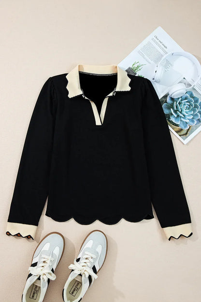 Colorblock Scallop Trim Long Sleeve Collared Top S / Black