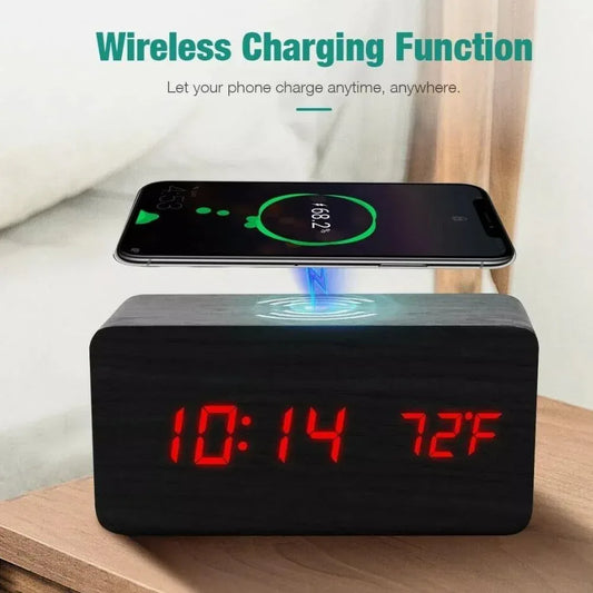 Wooden Digital Alarm Clock with Wireless Phone Charging Pad Black / Onetify