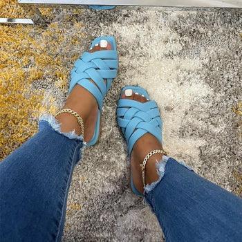 Summer Leather Flat Beach Slides Outdoor Casual Women Slippers Beige / 7.5