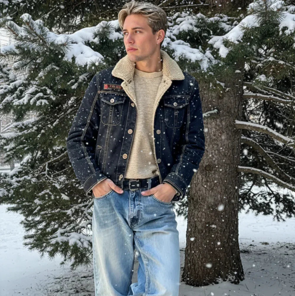 Mens Denim Jean Jacket in Black with Inner Faux Fur S / Black