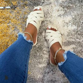 Summer Leather Flat Beach Slides Outdoor Casual Women Slippers Beige / 7.5